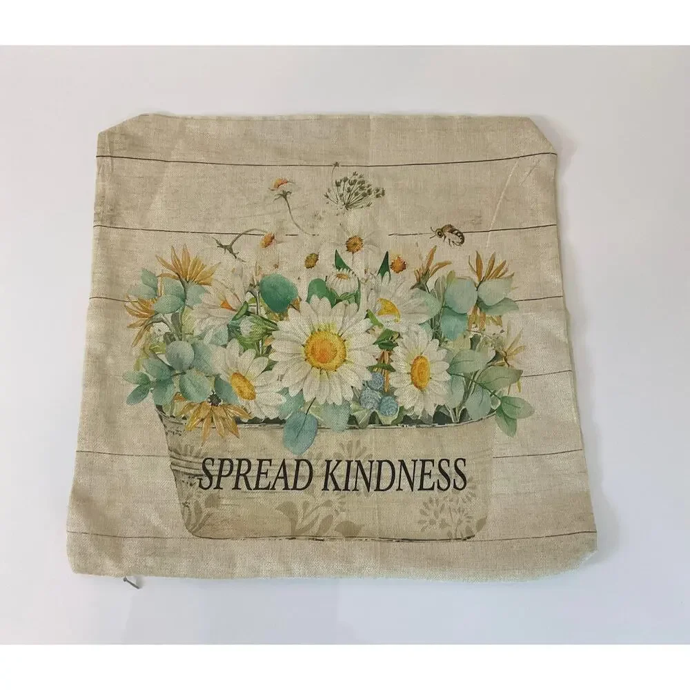 Set of 4 Farmhouse Floral Throw Pillow Covers 18x18 Daisy Bee Truck Beige